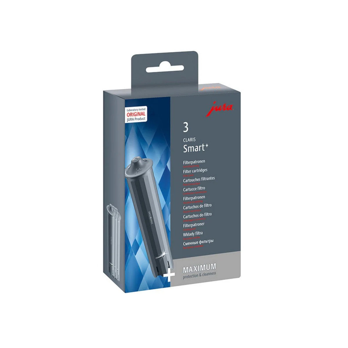 JURA Filtračná patróna CLARIS Smart+ 3 ks (24233) – šedá krabička produktu s obrázkom filtračných patrón a logom jura