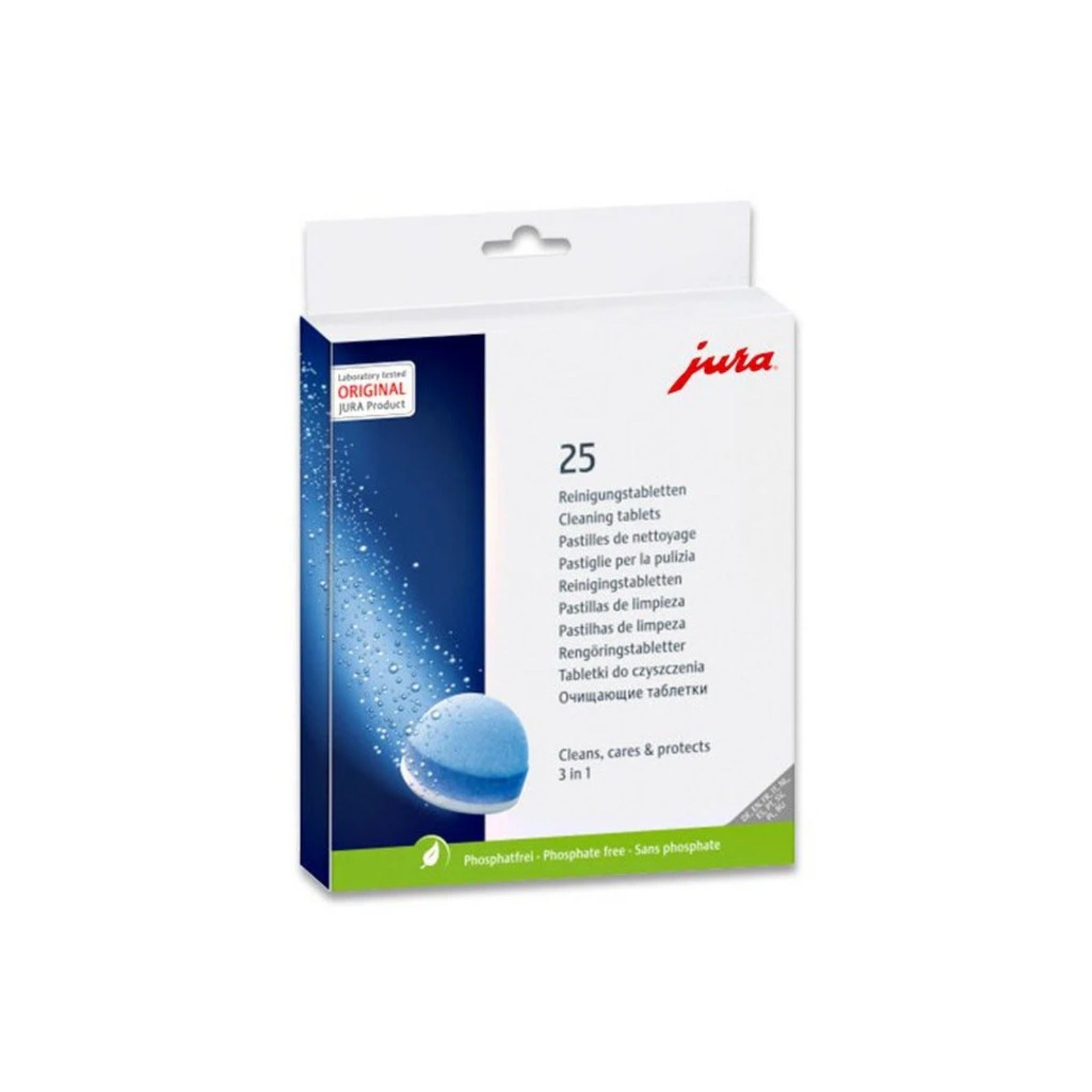 JURA 3-phase cleaning tablets 25 pcs (25045) – white box with blue stripe, image of a blue tablet and red jura logo