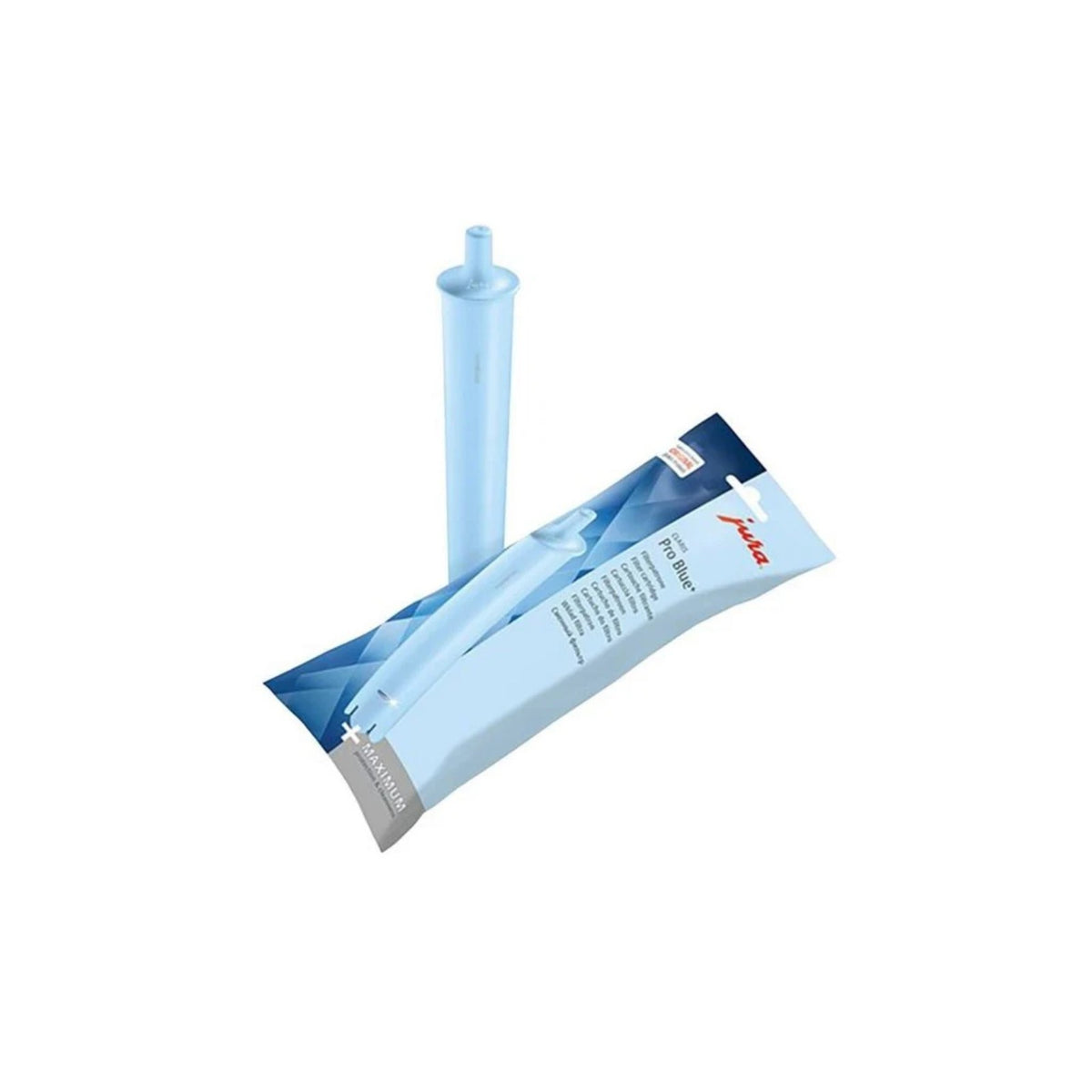 JURA Filtračná patróna CLARIS Pro Blue+ (25058) - svetlomodrá filtračná patróna a jej obal na bielom pozadí