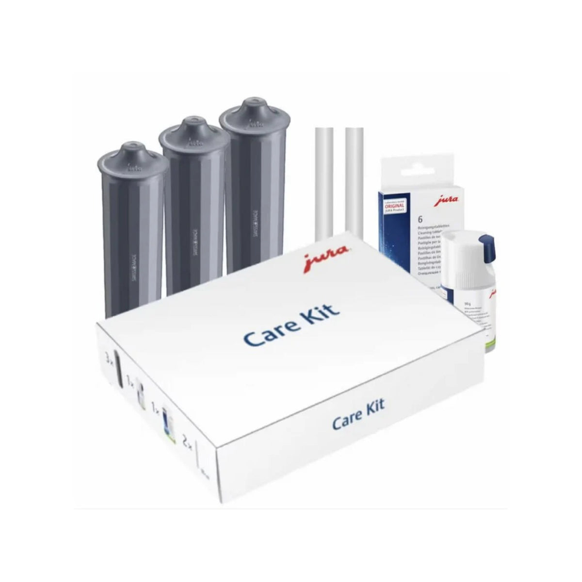 JURA Care Kit (25065) – biela krabica Care Kit s logom Jura, tri sivé filtre a doplnky viditeľné vedľa krabice