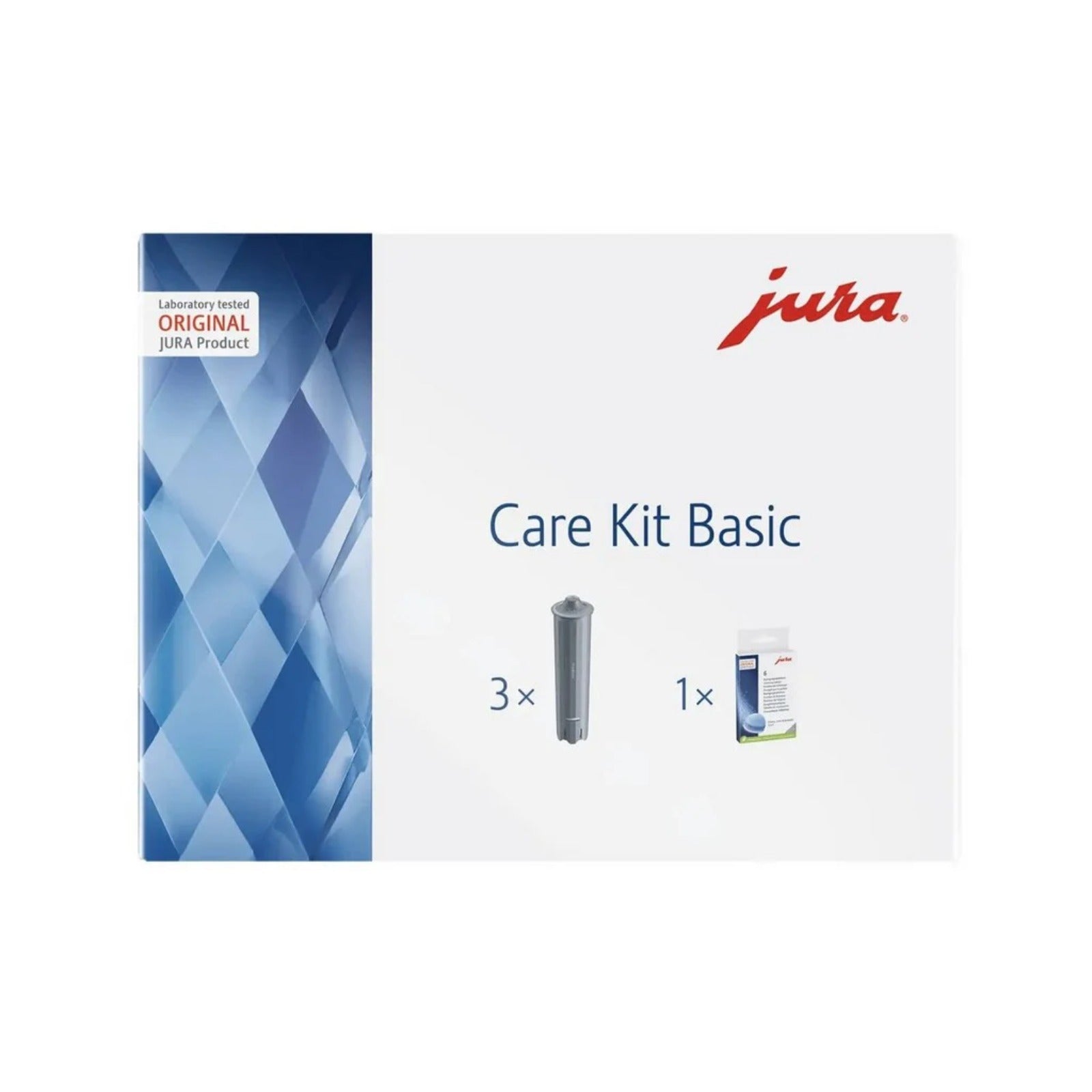 JURA Care Kit Basic (25067) – biely obal s modrým vzorom, logo jura a zobrazenie 3 filtrov a 1 balenia čistiacich tabliet