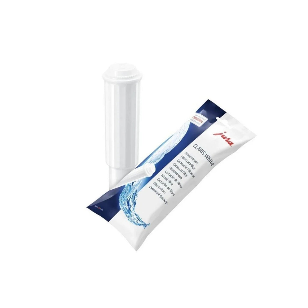 JURA Claris White filter (60209) – white cylindrical filter cartridge and plastic packaging with blue-white water print