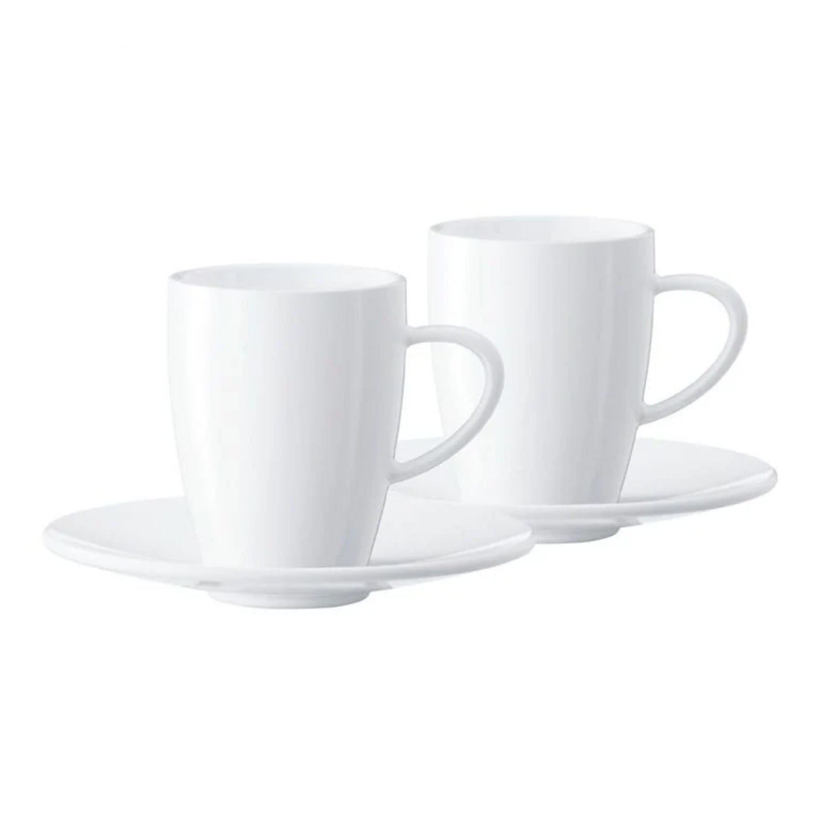 JURA Espresso cup set 2 pcs (66497) – two white porcelain espresso cups with handles on saucers on a white background