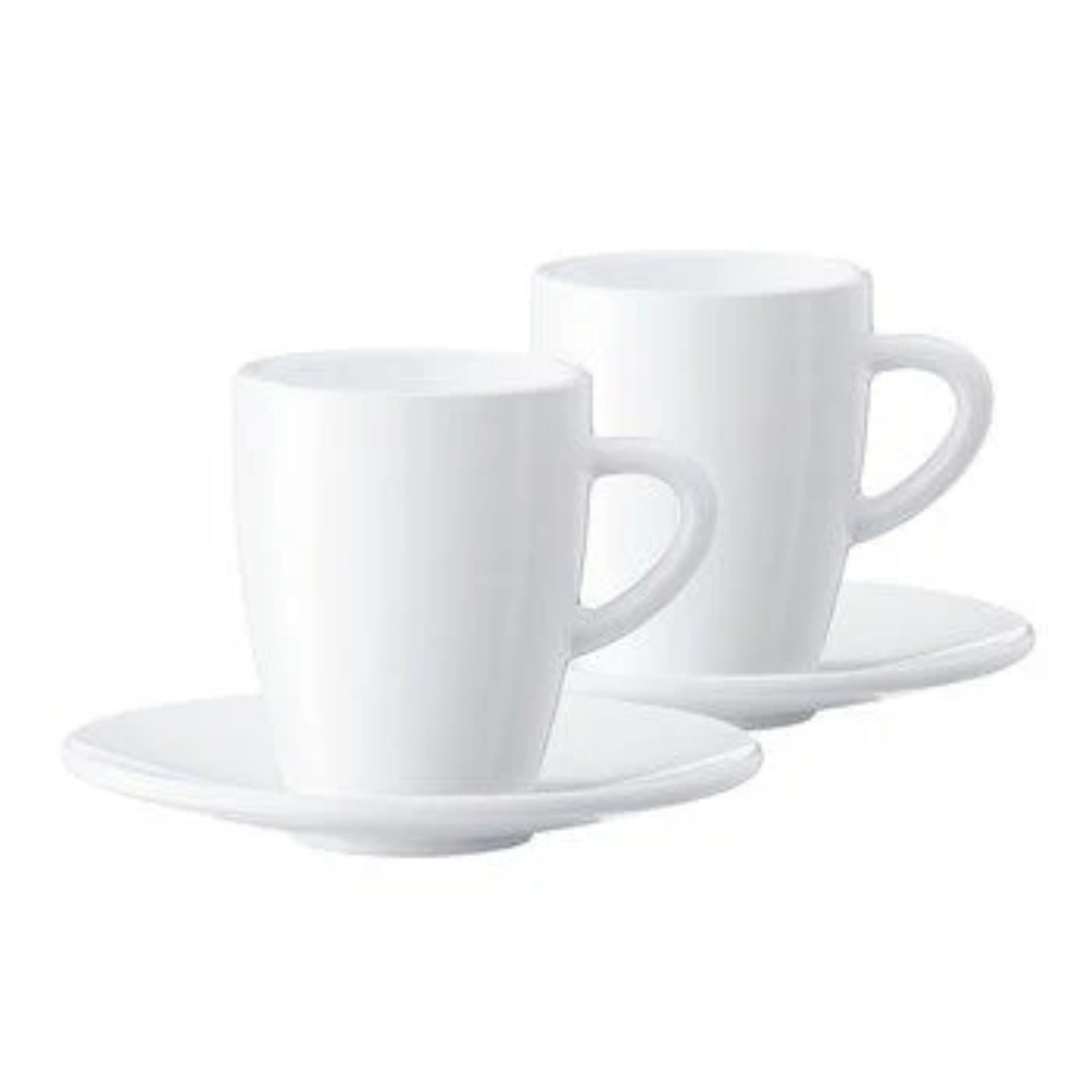JURA Coffee cup set 2 pcs (66499) – two white porcelain cups with handles on saucers, shown from the front