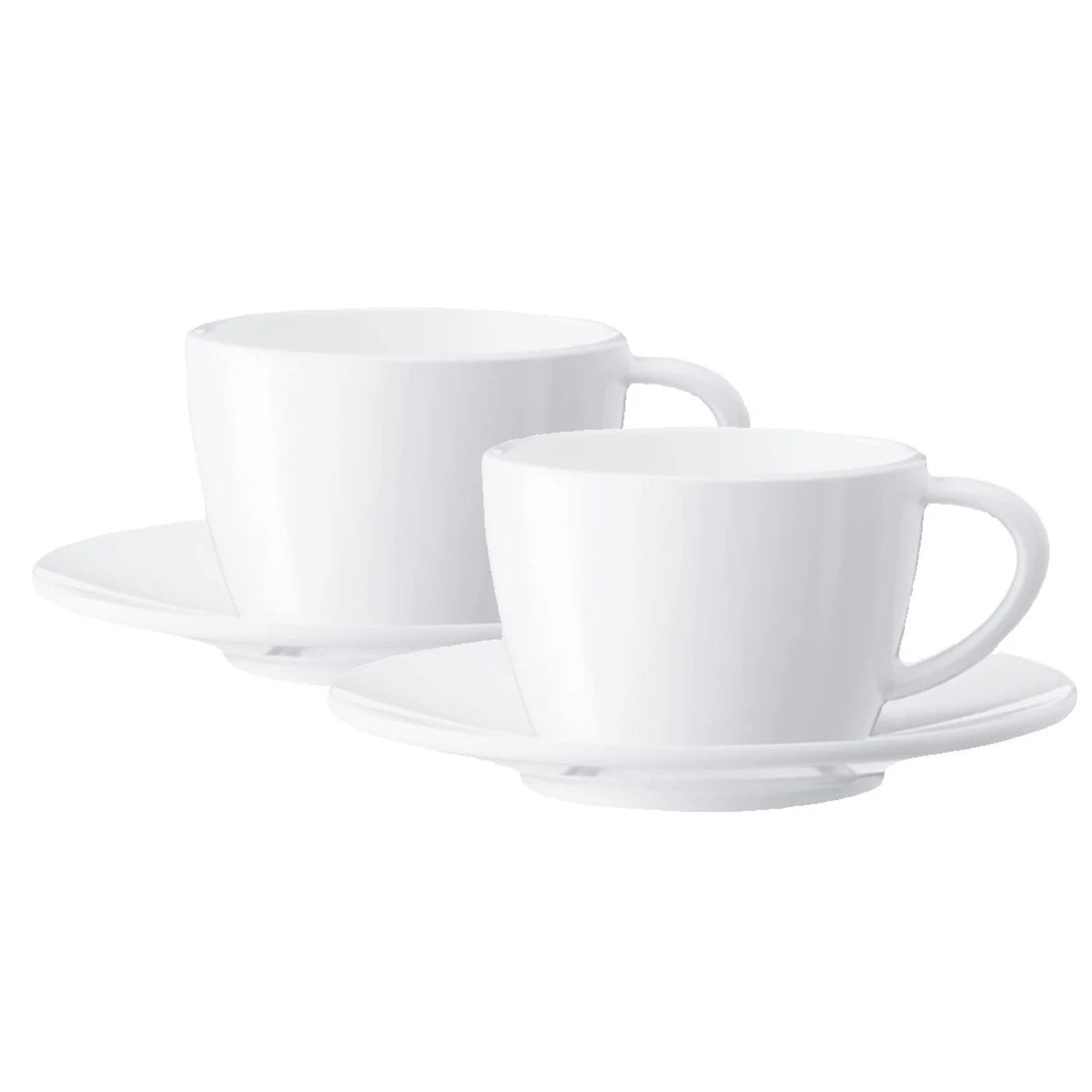 JURA Sada cappuccino šálok 2 ks (66501) – dva biele porcelánové šálky s uškom na podšálkach zpredu