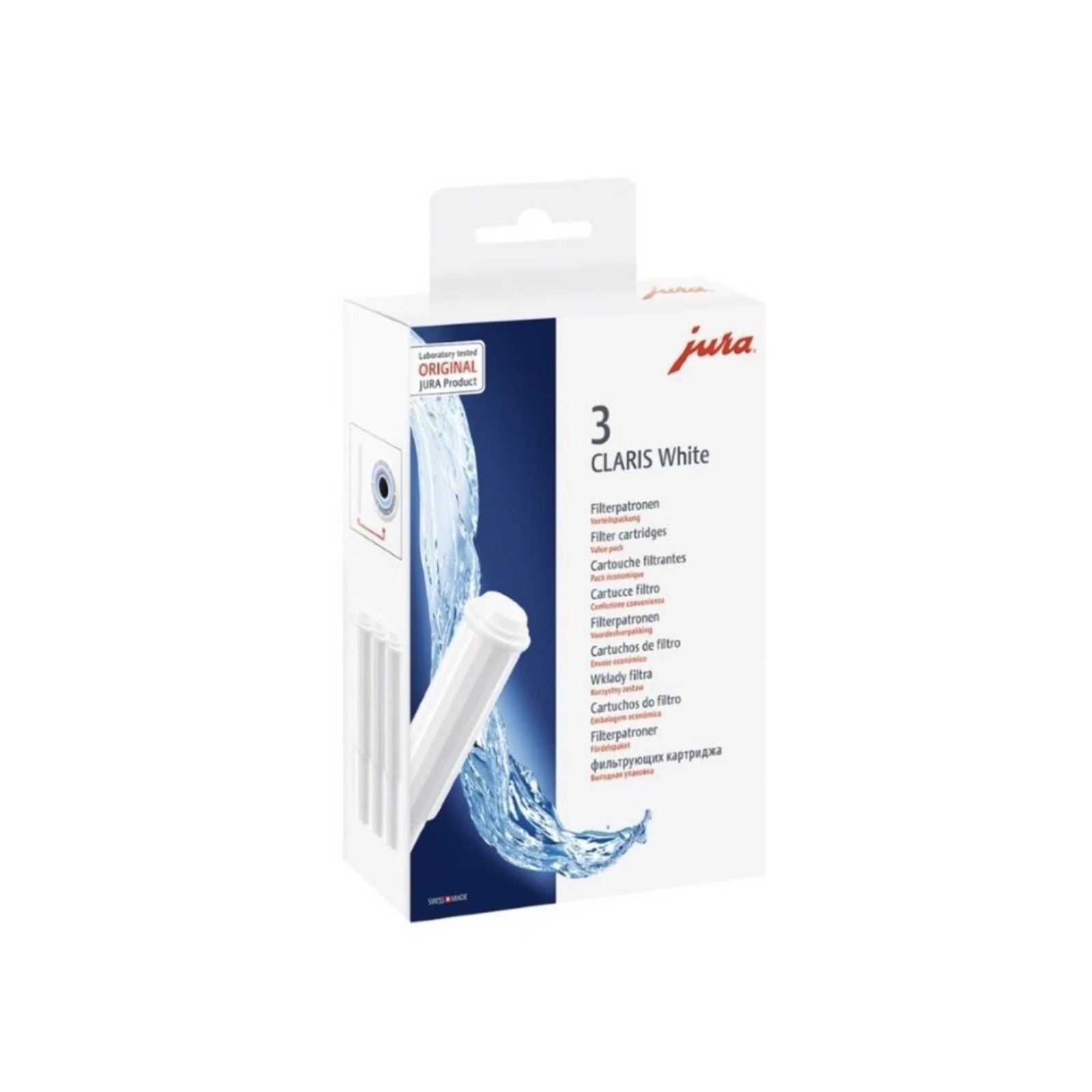JURA Filtračná patróna Claris WHITE 3ks (68739) – krabica s tromi bielymi filtrami a vodným motívom na obale