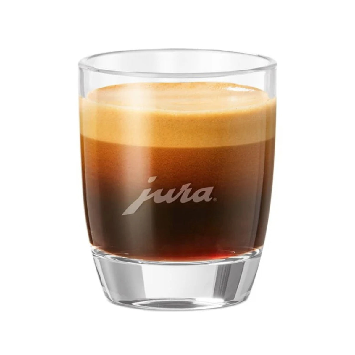 JURA Sada pohárov na espresso 2 ks (71451) — číre poháre s espresom a jemnou penou, na skle logo JURA
