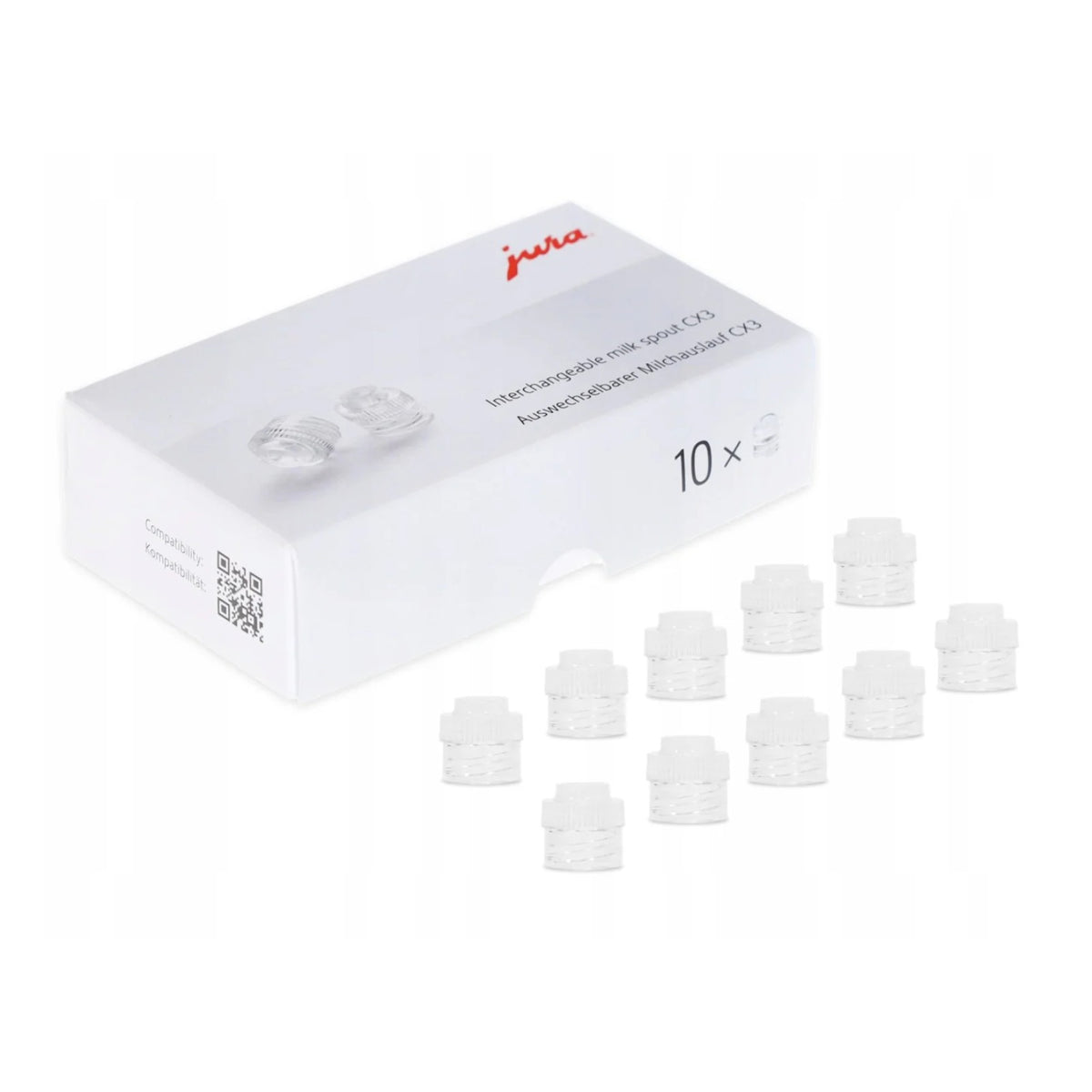 JURA Replaceable milk outlet caps (72228) — white box with Jura logo and 10 transparent plastic spare caps