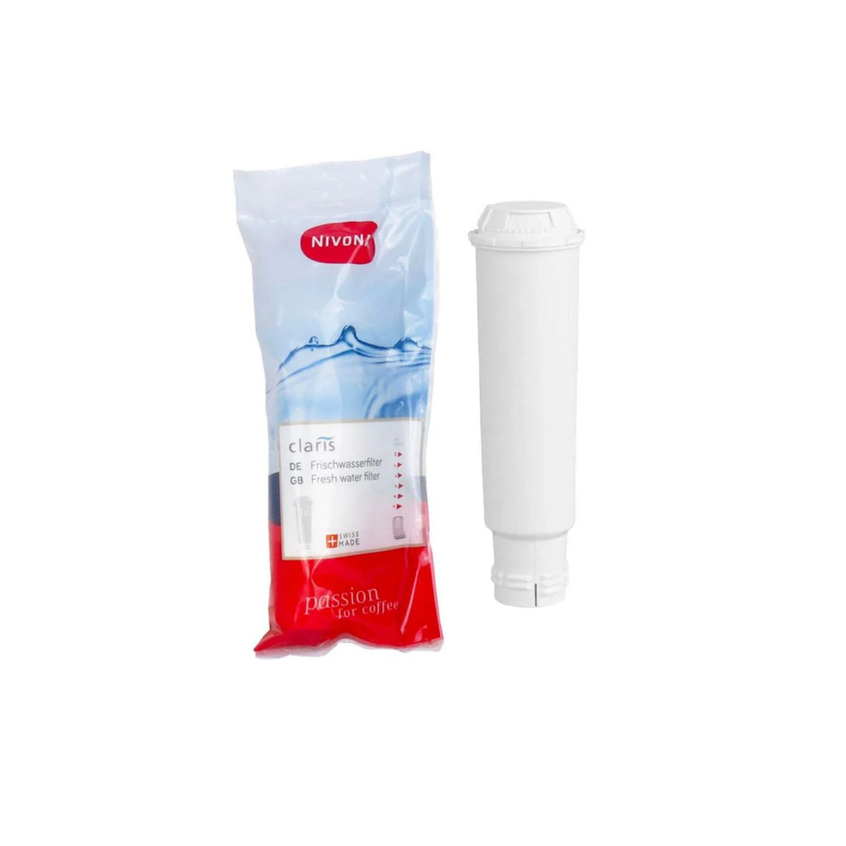 Nivona Claris water filter cartridge (NIRF700) – white cylindrical filter cartridge next to original red-white packaging with Nivona logo