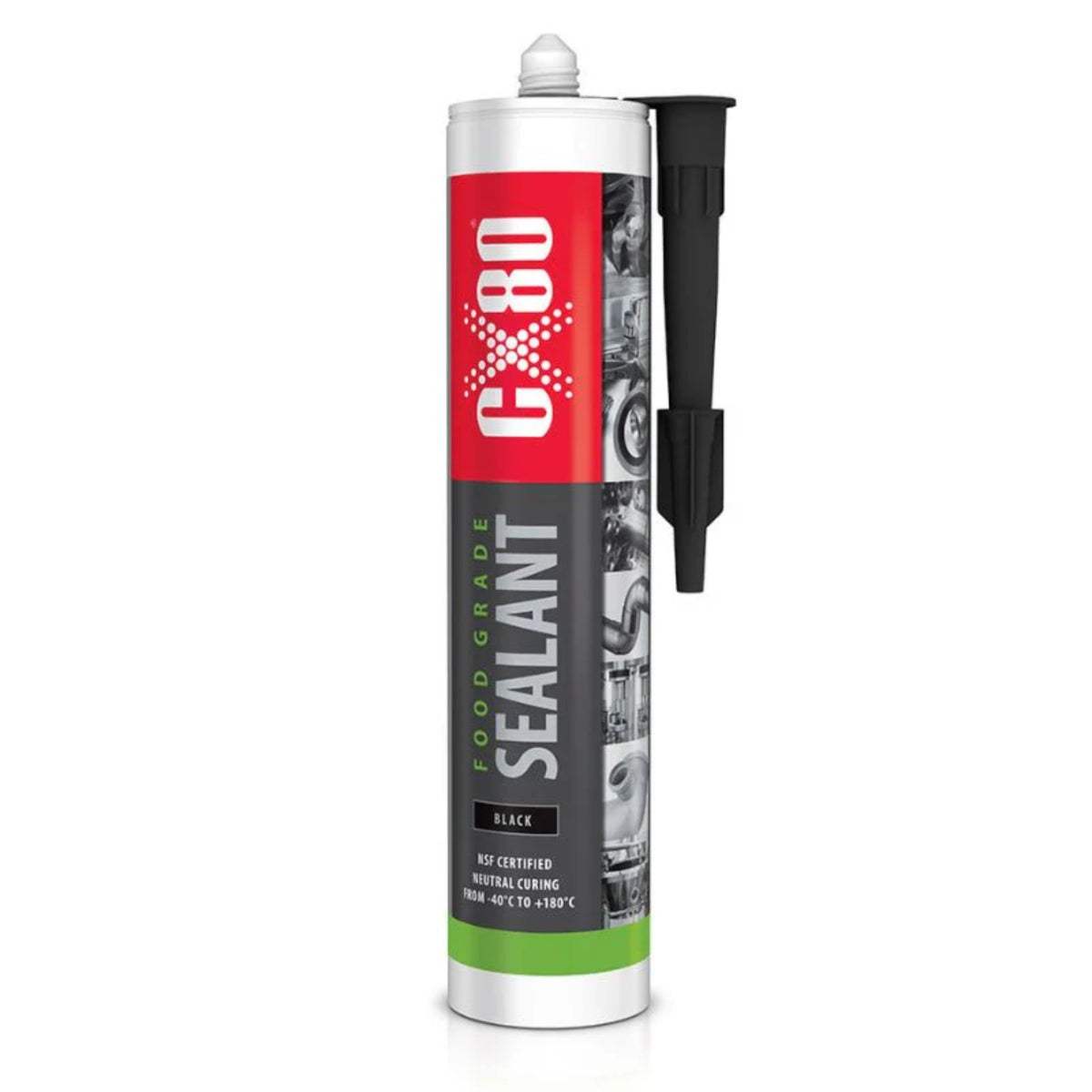 Tubus potravinárskeho tesniaceho tmelu CX-80 300 ml s červeno‑sivým štítkom, pripojeným čiernym aplikátorom