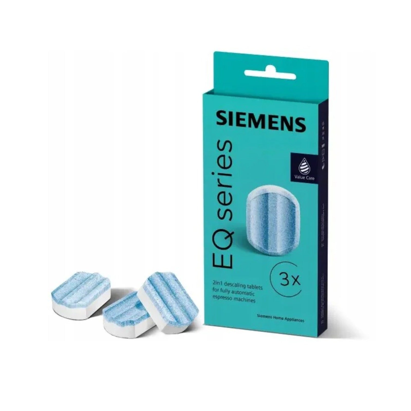Balenie Siemens EQ series odvápňovacích tabliet 3 ks v tyrkysovom obale vedľa troch modrobielych tabliet.