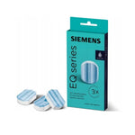 Balenie Siemens EQ series odvápňovacích tabliet 3 ks v tyrkysovom obale vedľa troch modrobielych tabliet.
