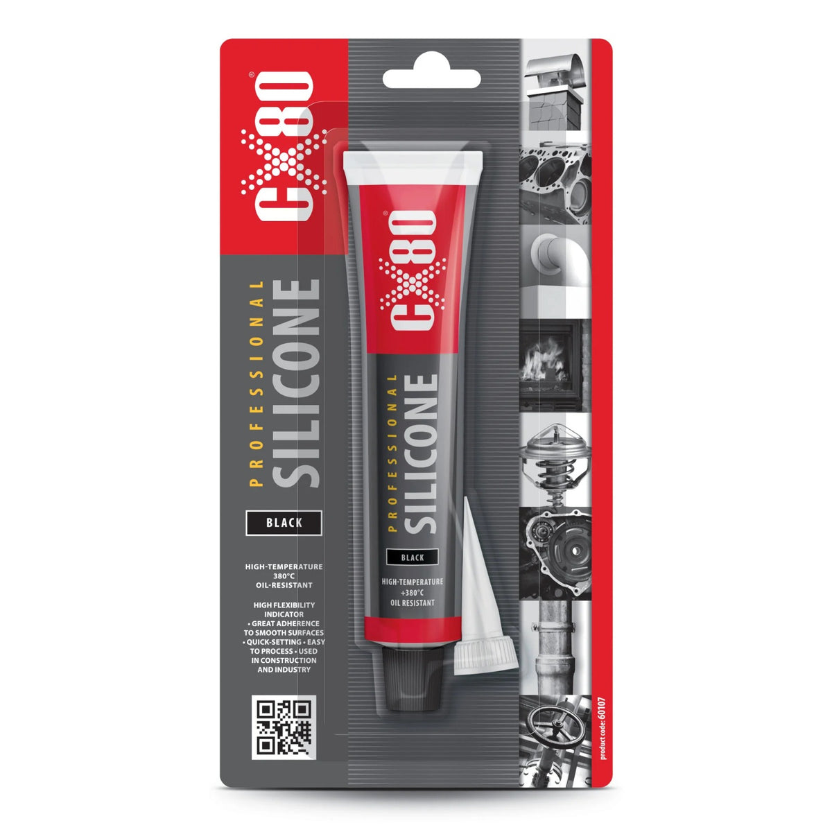 Blister s tubou čierneho profesionálneho silikónu CX-80 (80 ml) a bielym aplikátorom na tmavo sivom a červenom podklade