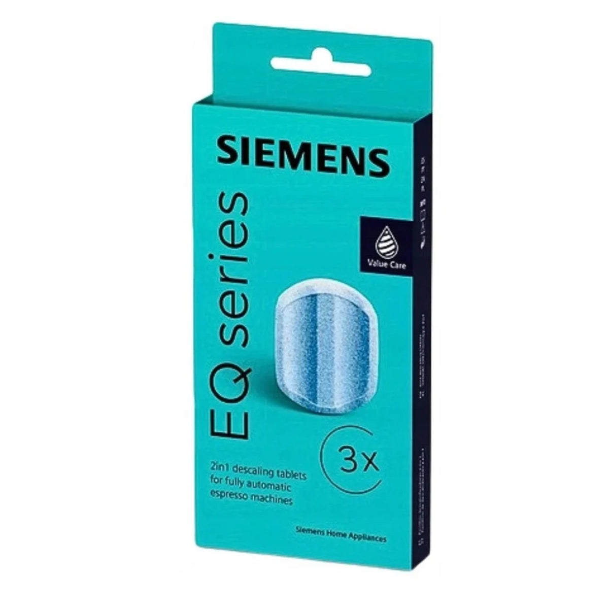 Tyrkysové balenie Siemens EQ series s obrázkom modrej tablety a nápisom 3x