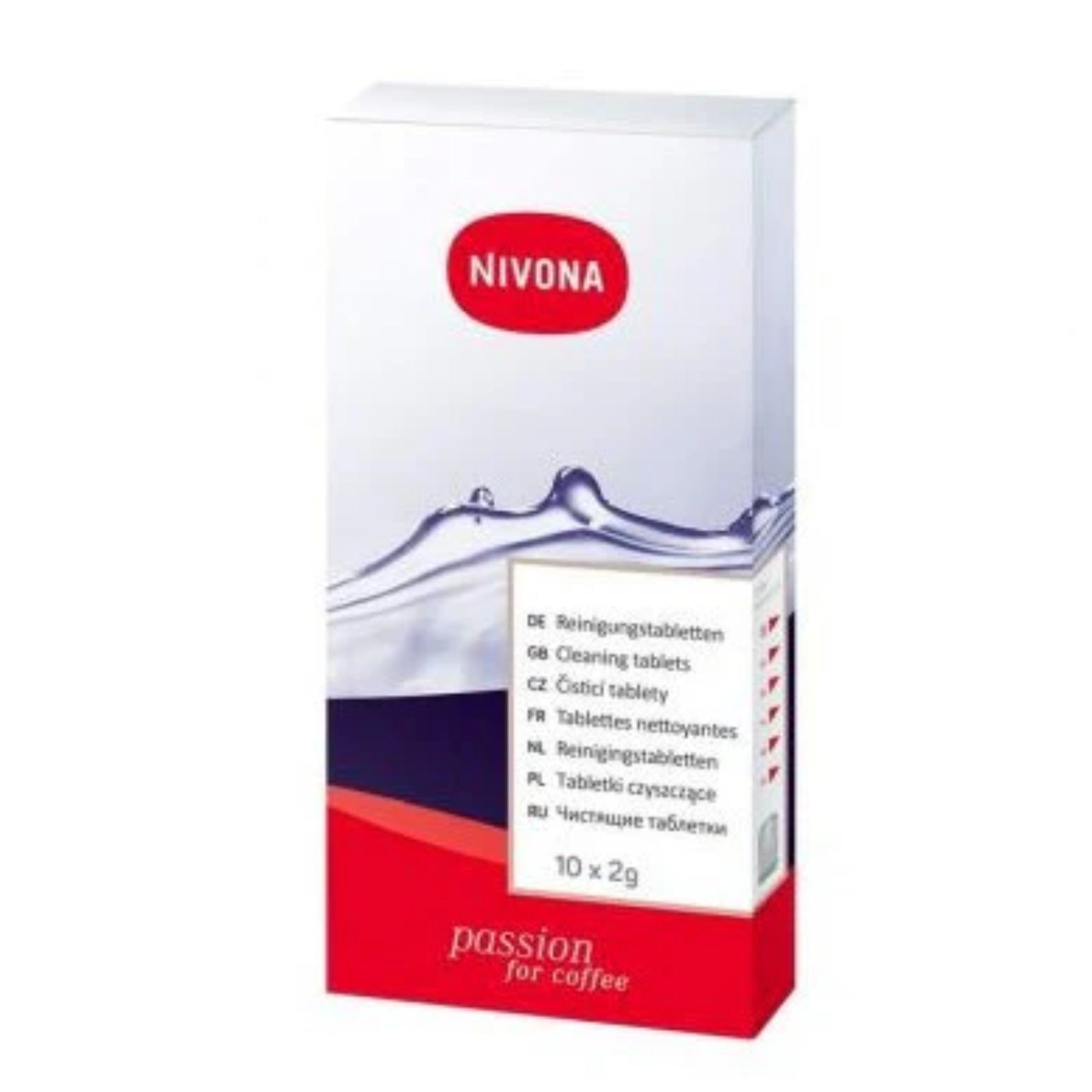 Nivona Cleaning Tablets (NIRT701) — white and red box with the NIVONA logo and a water wave image, text and marking 10 x 2 g