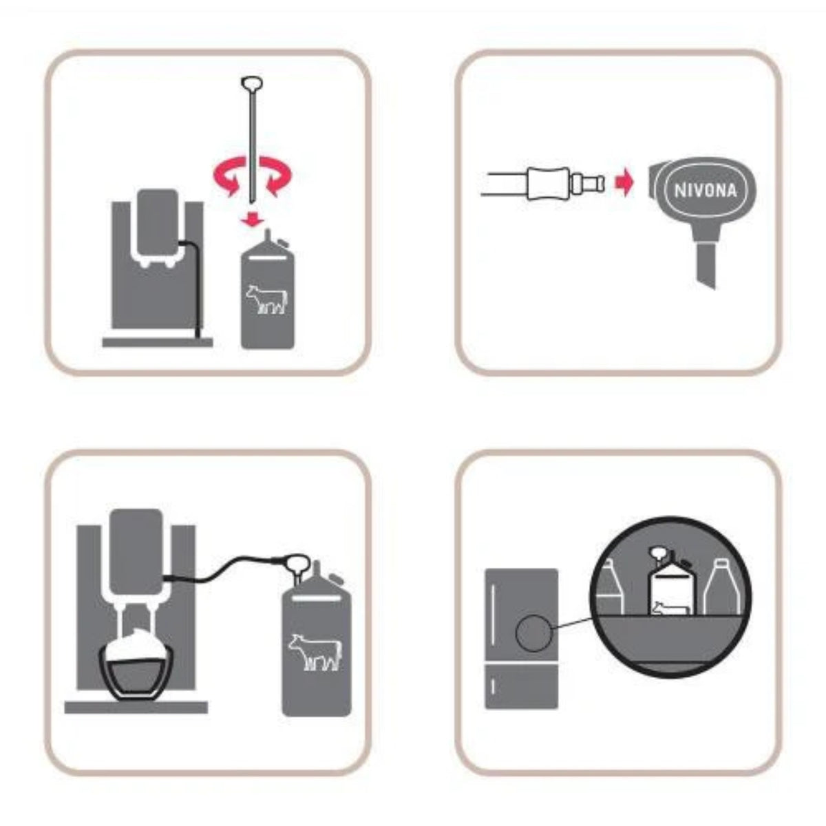 Nivona milk nozzle (NIML220) – schematic icons showing tube connection to milk container and connector with logo