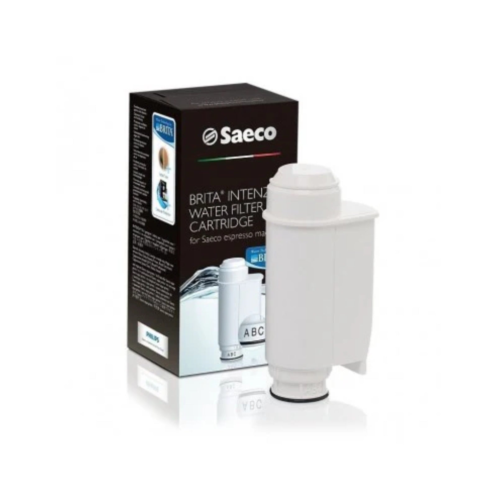 Saeco Brita Intenza+ water filter brown-white (CA6702/00) showing white filter cartridge in front of black rectangular packaging with logo