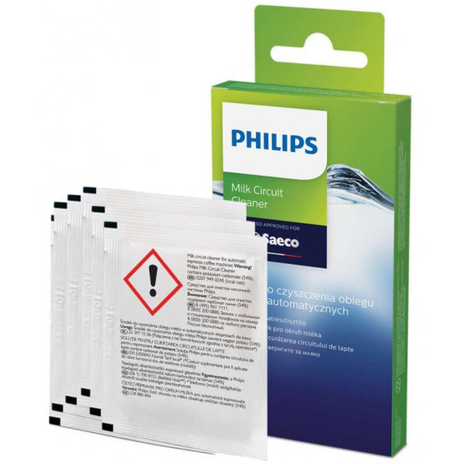 Saeco/Philips Milk system cleaner (CA6705/10) – green-blue packaging and several white individually wrapped sachets