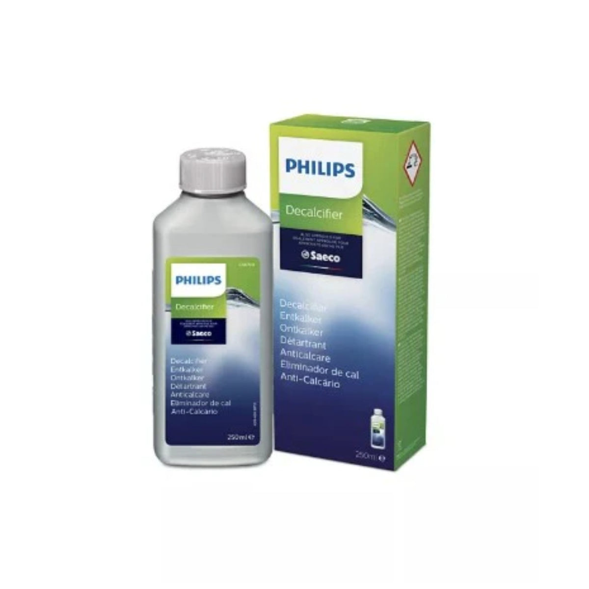 Saeco/Philips Odvápňovač 1×250 ml (CA6700/10) – fľaša s kvapalinou a zeleno‑modrý obal produktu spredu