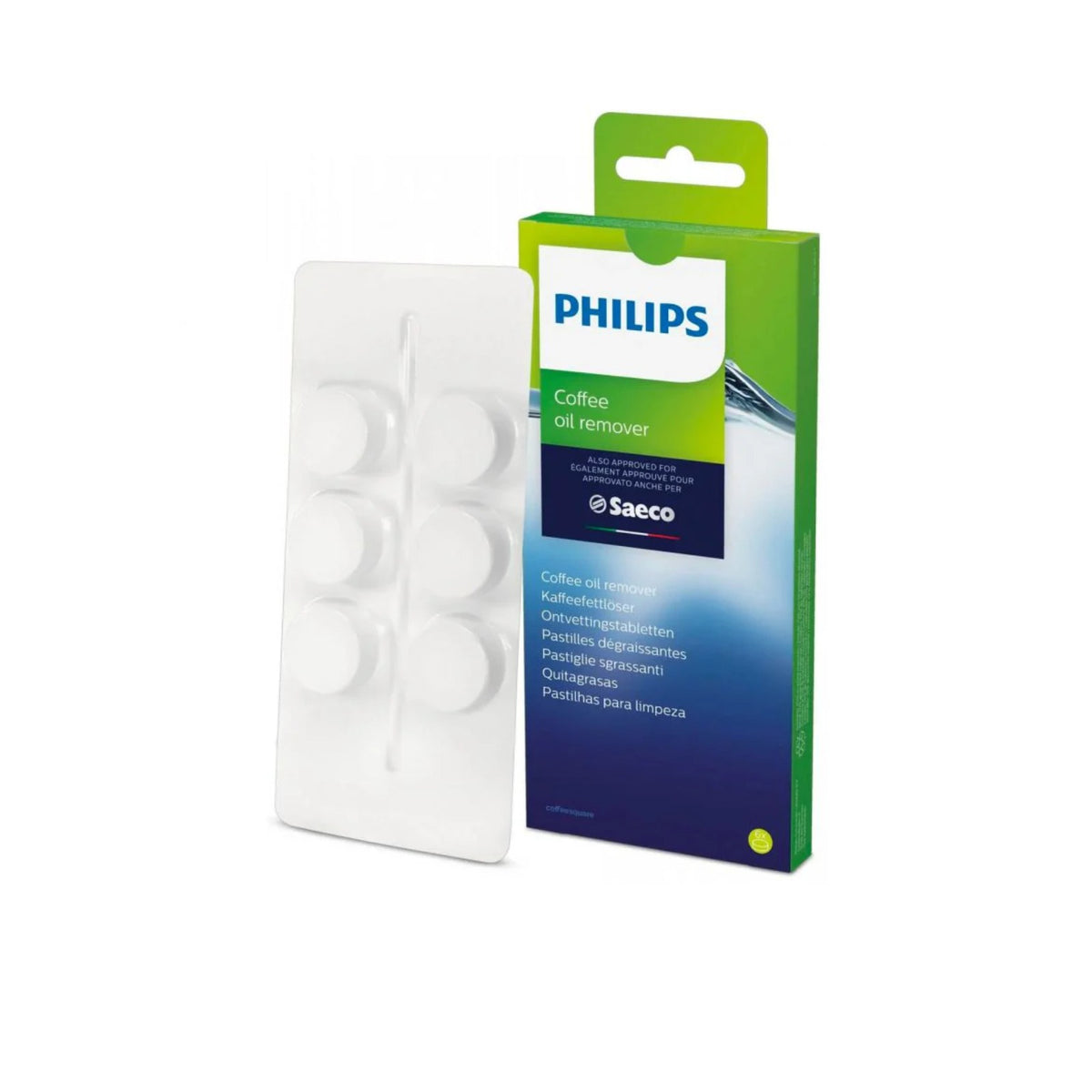Philips Čistiace tablety Coffee Clean 6 ks (CA6704/10) – zeleno‑modré balenie a blister so 6 bielymi tabletami