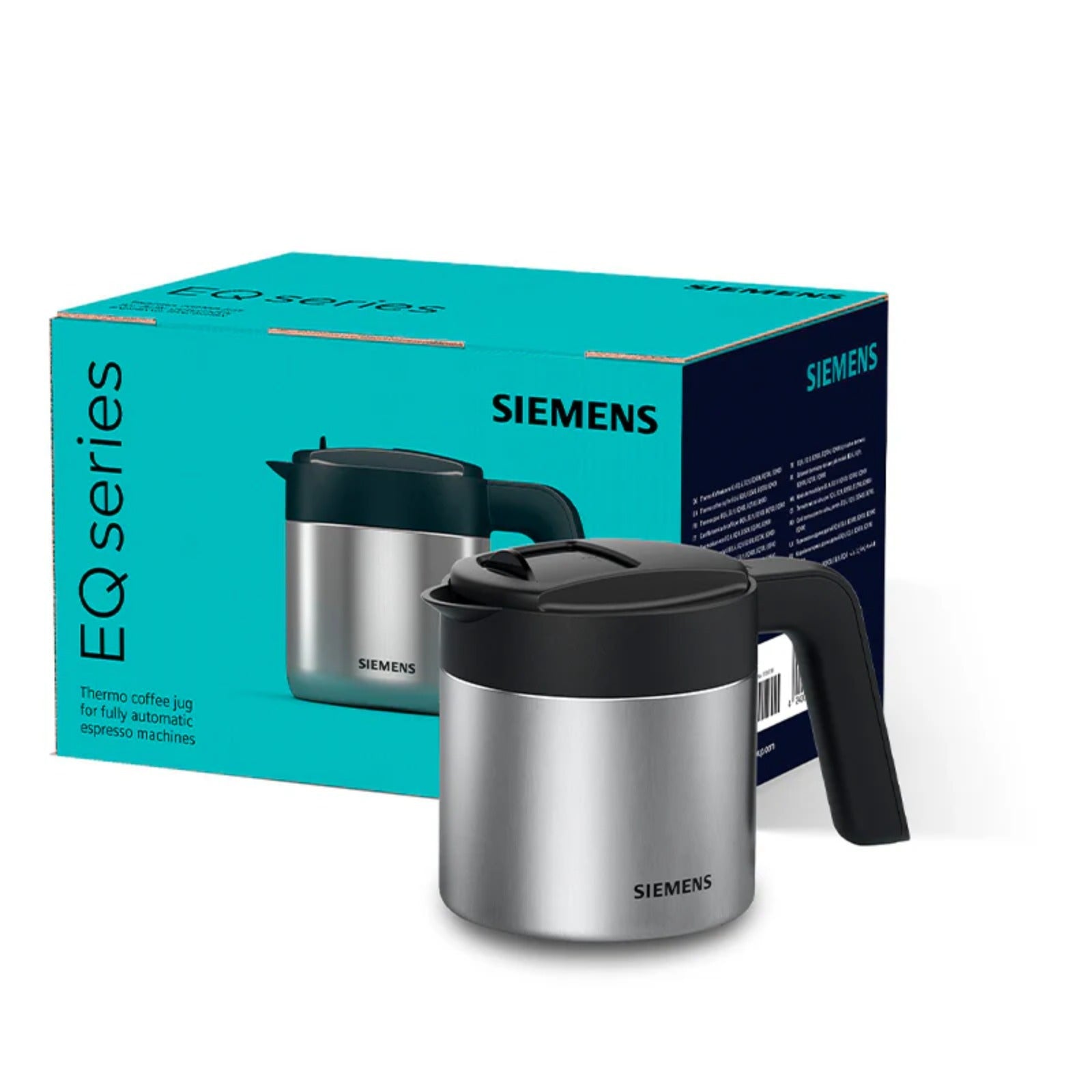 Siemens Termo kanvica pre kávovary (TZ40001) – nerezová termoska s čiernym viečkom a rúčkou pred tyrkysovo–modrým obalom