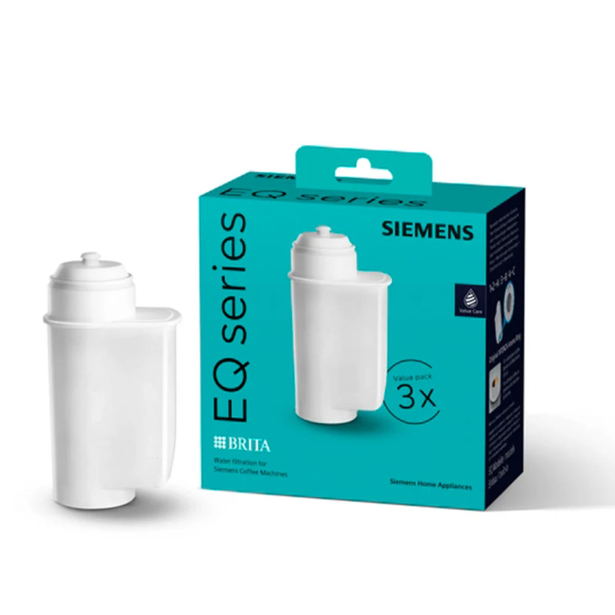 Siemens Brita Intenza vodný filter 3 ks (TZ70033A) – krémovo biely filter vedľa tyrkysového balenia so zobrazením filtra