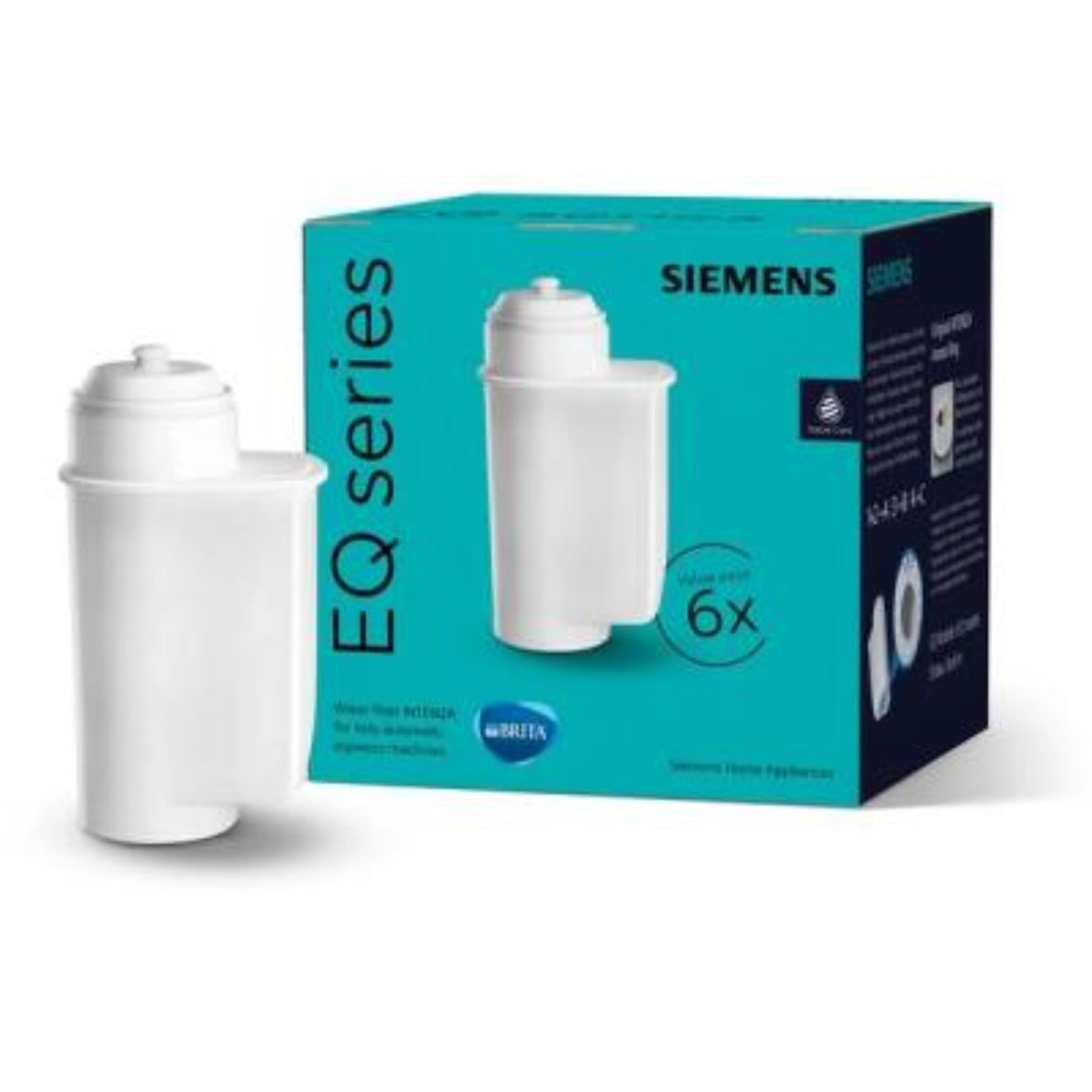 Siemens Brita Intenza water filter 6 pcs (TZ70063A) – teal packaging with image of white filter and one physical white filter
