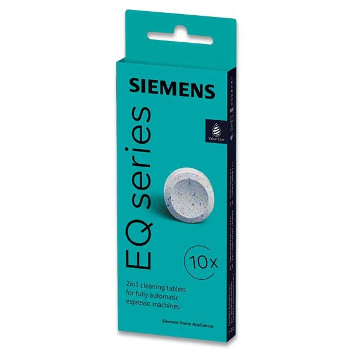 Siemens 2‑phase cleaning tablets 10 pcs (TZ80001A) – slim turquoise pack with Siemens name and tablet image marked 10x