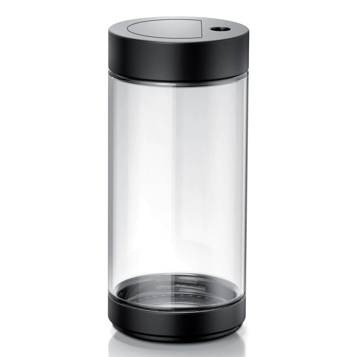 Siemens Glass milk container 0.7 l (TZ80008) – transparent cylindrical glass jar with black lid and black base.