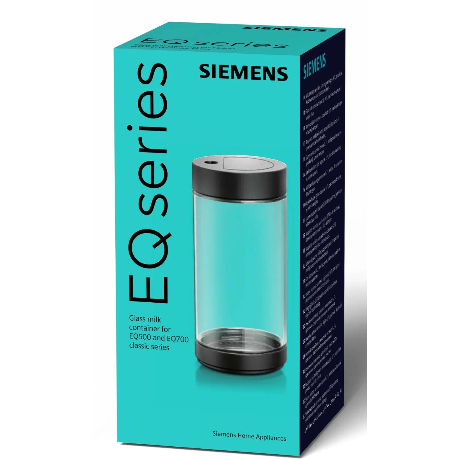Siemens Sklenená nádoba na mlieko 0,7 l (TZ80008) – balenie s obrázkom priehľadnej sklenenej nádoby s čiernym viečkom na tyrkysovom pozadí