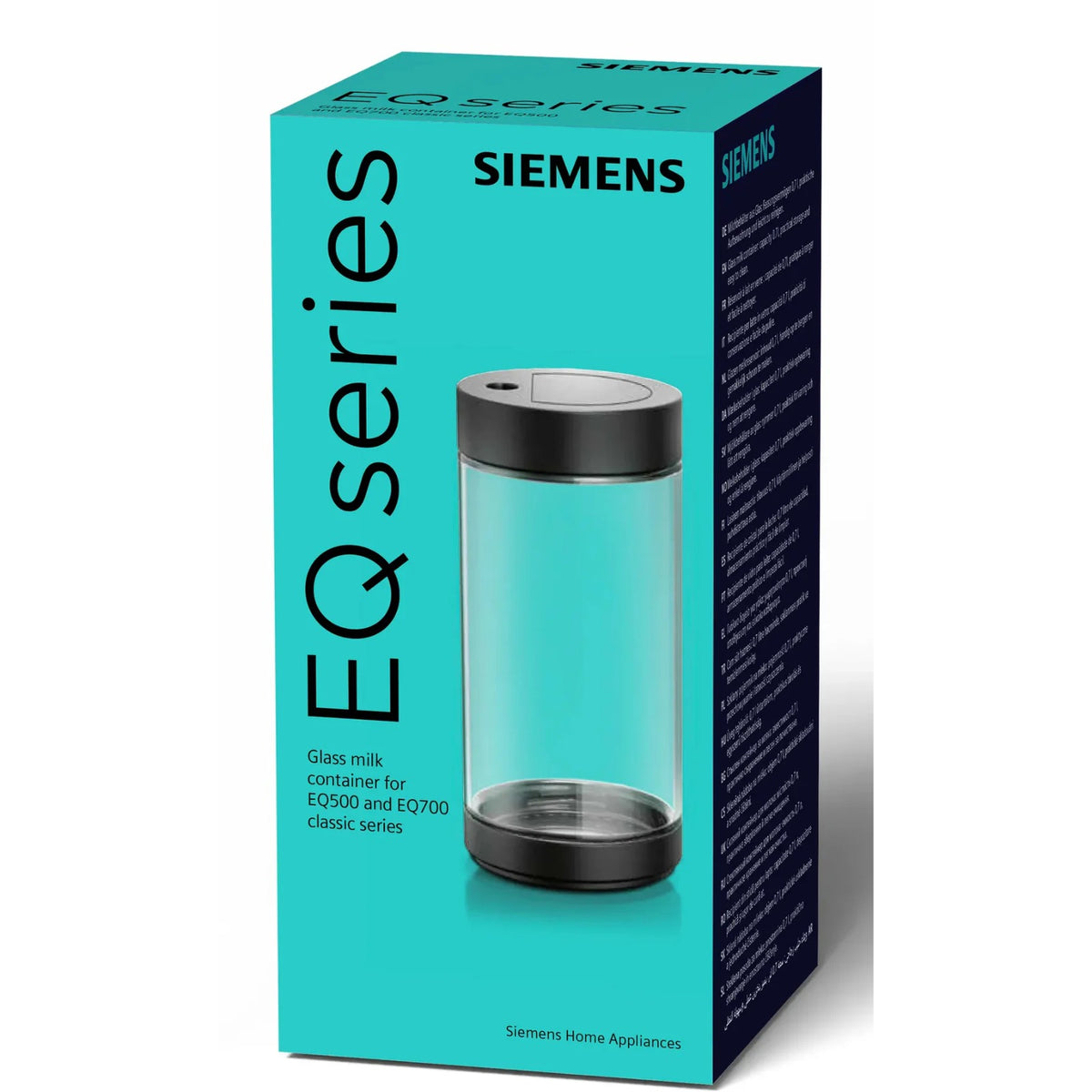 Siemens Glass milk container 0.7 l (TZ80008) – packaging with image of a transparent glass container with black lid on turquoise background.