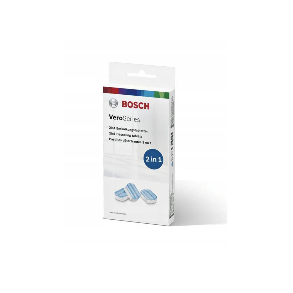 Bosch 2-in-1 descaling tablets 3 pcs (TCZ8002A) – white box with Bosch logo and image of blue-white tablets