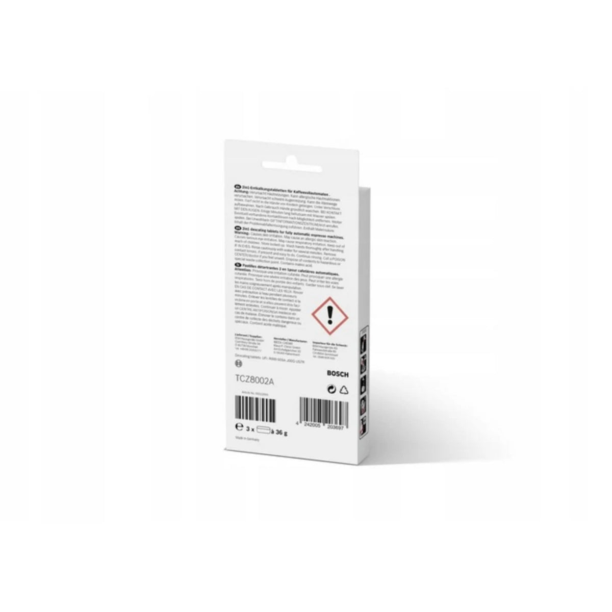 Bosch 2-in-1 descaling tablets 3 pcs (TCZ8002A) white box shown from the back with texts, hazard pictogram and barcodes