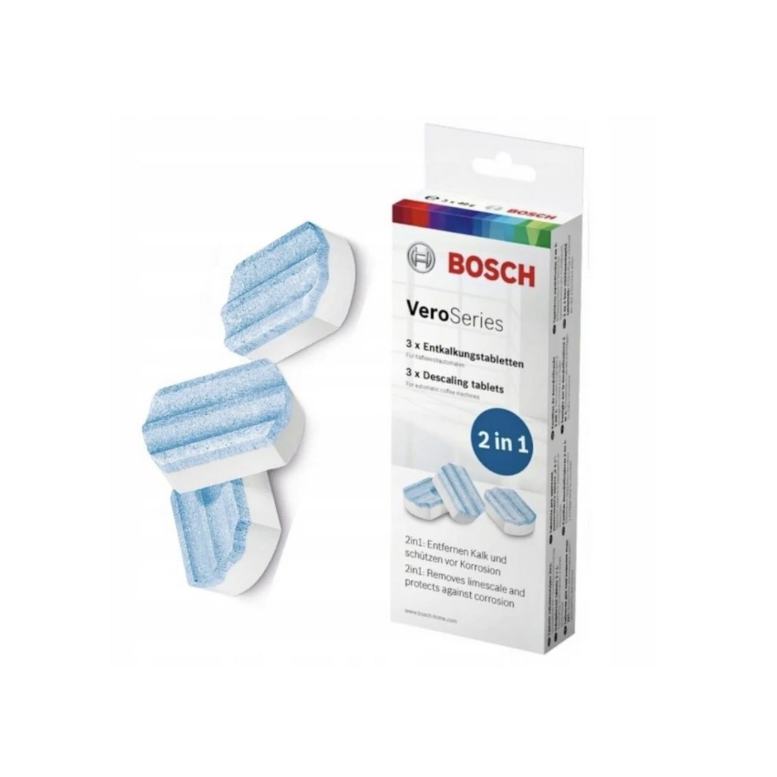 Bosch 2-in-1 descaling tablets 3 pcs (TCZ8002A) – VeroSeries packaging and several white-blue tablets on a white background