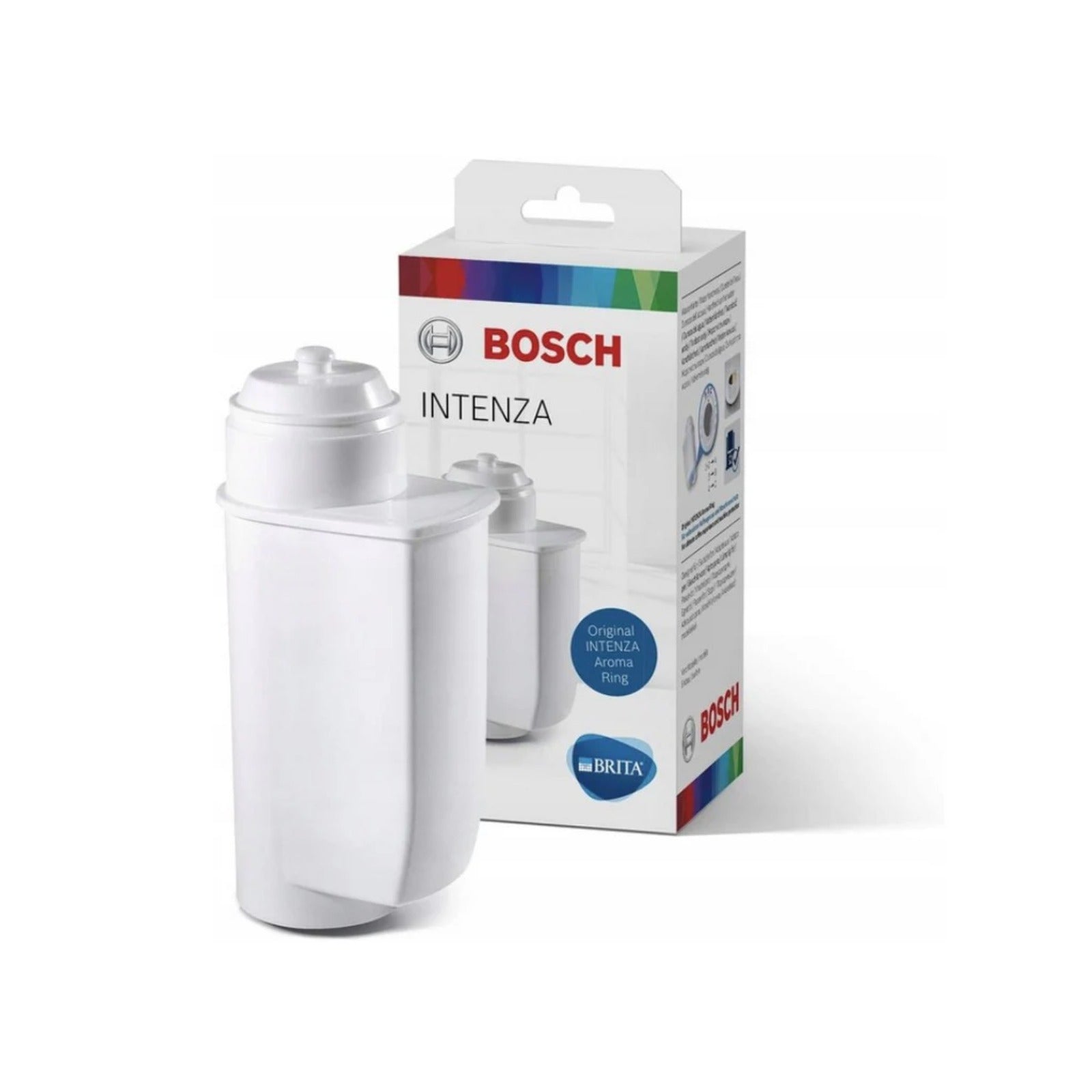Bosch Brita Intenza vodný filter (TCZ7003) – biely filter pred krabicou produktu s potlačou BOSCH INTENZA a logom Brita