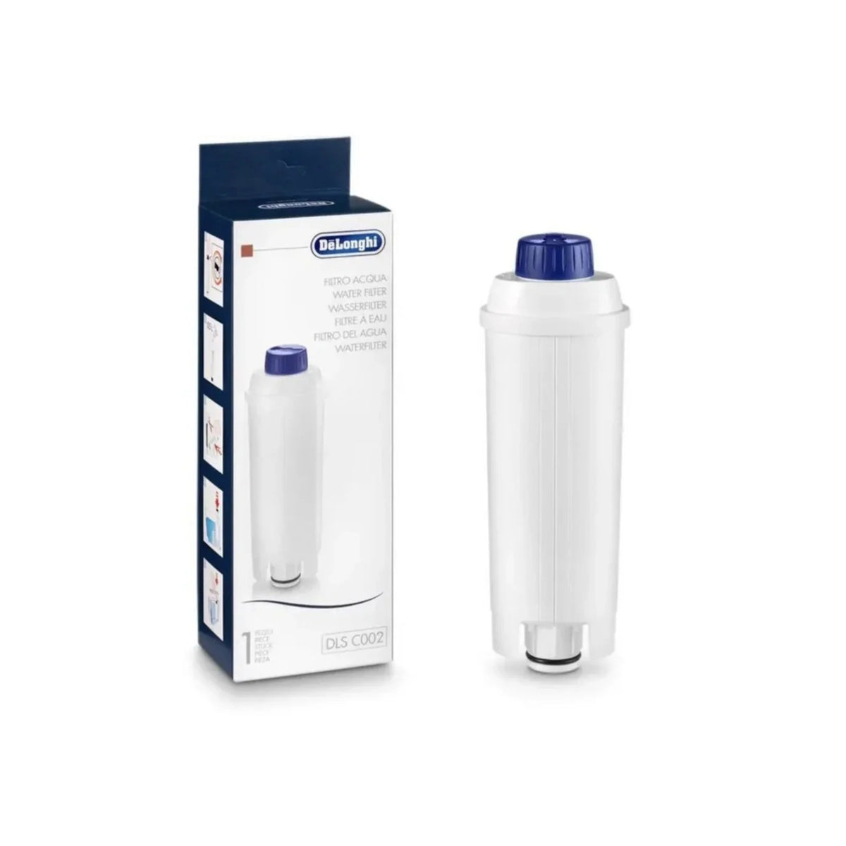 DeLonghi water filter (DLSC002) shown next to its box, white cylindrical filter with blue top cap