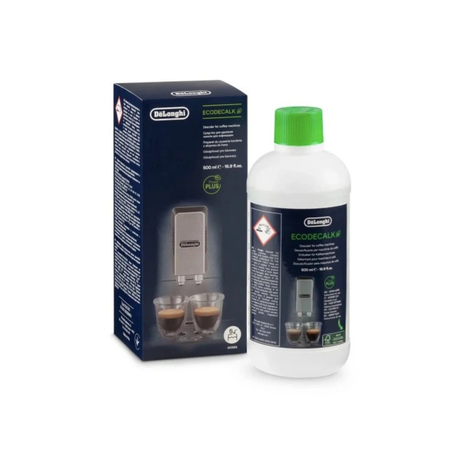 DeLonghi EcoDecalk 500 ml (DLSC500) – biela fľaša so zeleným uzáverom vedľa tmavej krabice s etikietou a obrázkom espressa