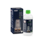 DeLonghi EcoDecalk 500 ml (DLSC500) – biela fľaša so zeleným uzáverom vedľa tmavej krabice s etikietou a obrázkom espressa