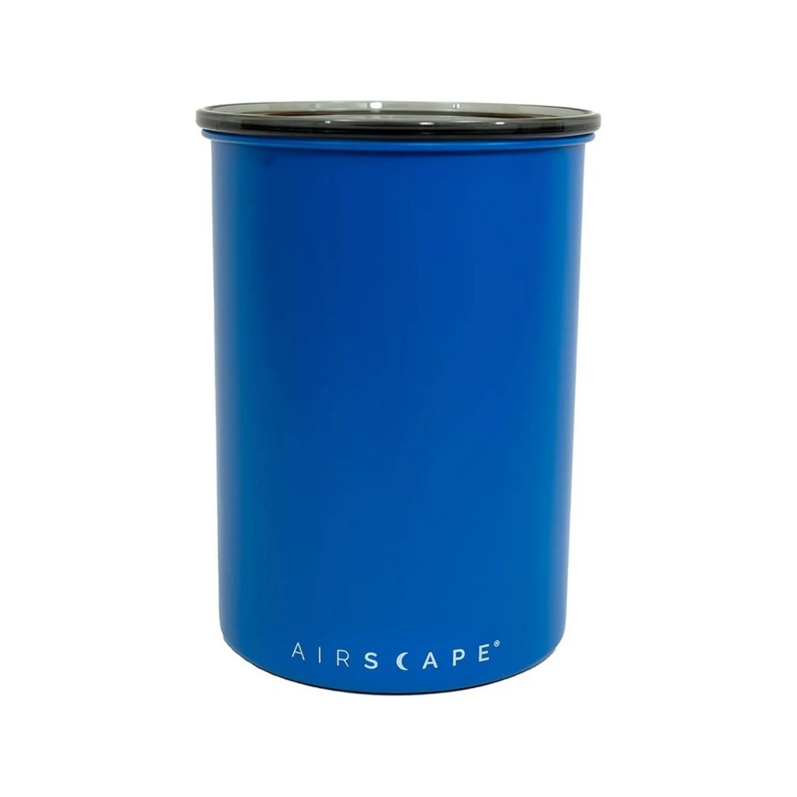Airscape Nerezová dóza na kávu 500 g modrá matná (AS2907) – cylindrická modrá nerezová dóza s čiernym viečkom a bielym logom