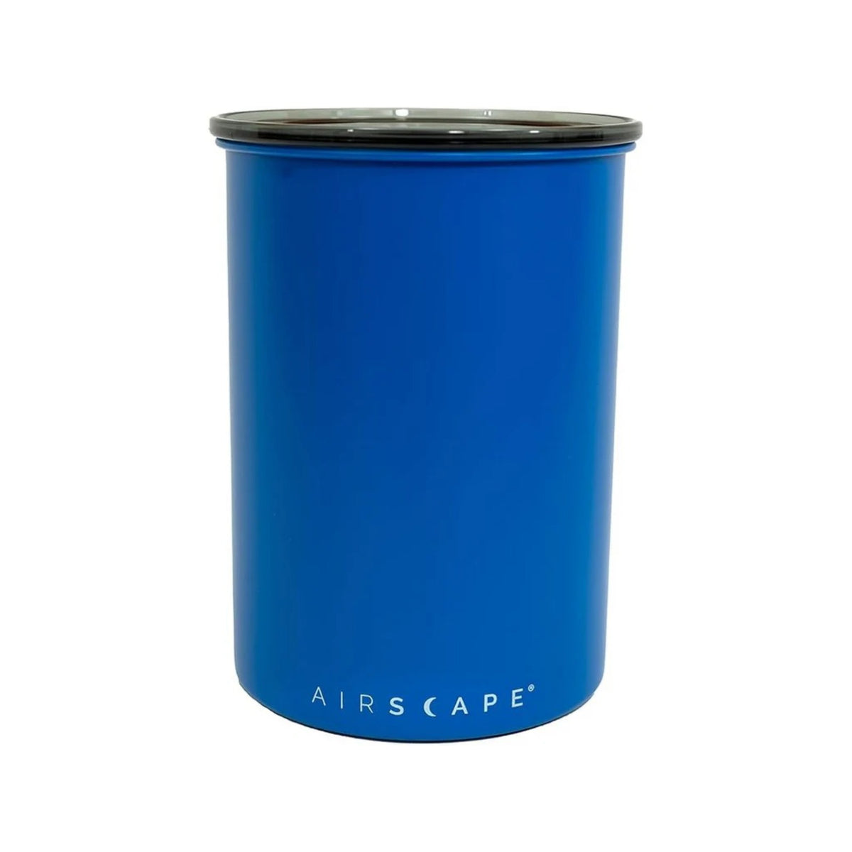 Airscape Stainless steel coffee canister 500 g matte blue (AS2907) – cylindrical blue stainless canister with black lid and white logo