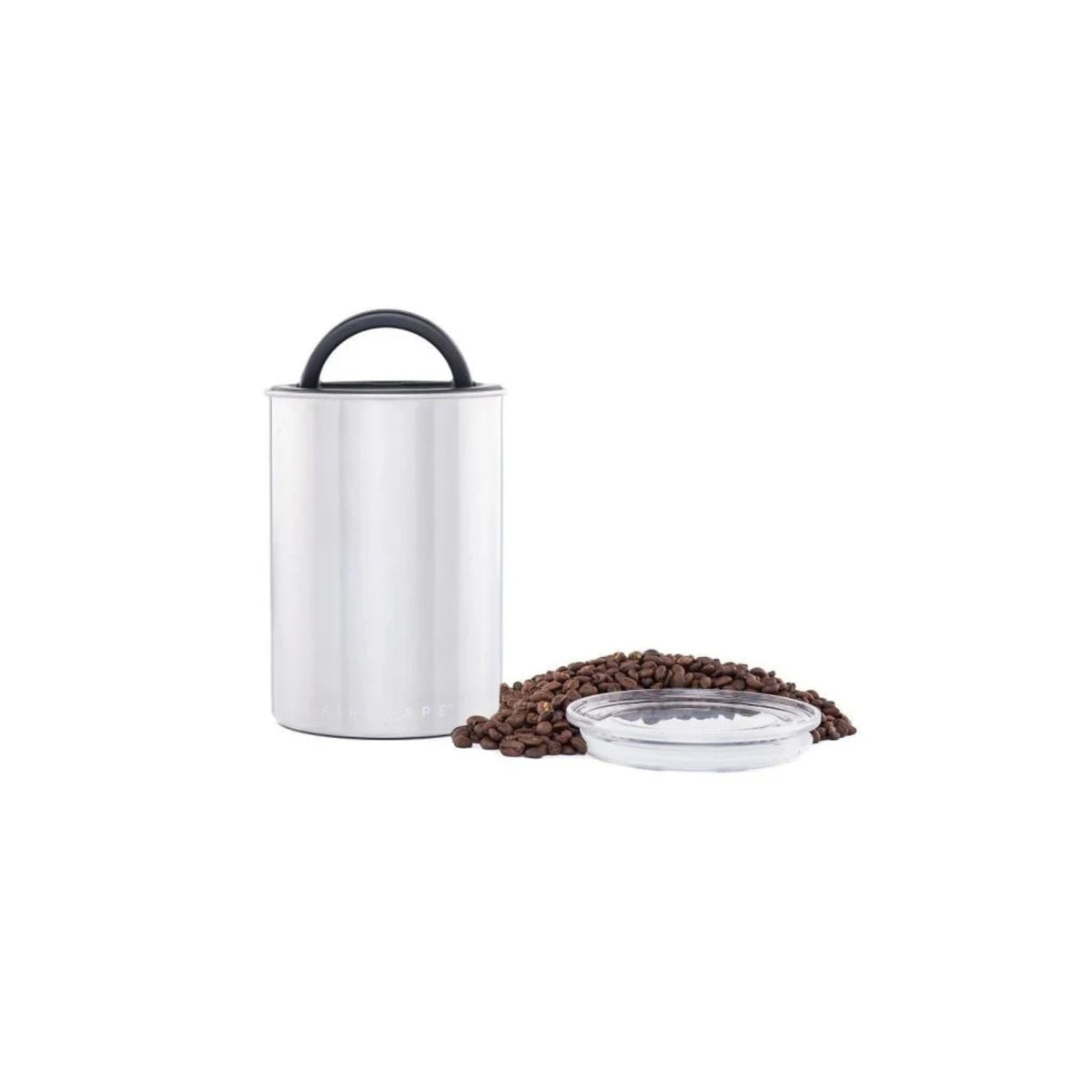 Airscape Stainless steel coffee canister 500 g brushed silver (AS0107) – stainless cylindrical canister with black handle and hinged lid open