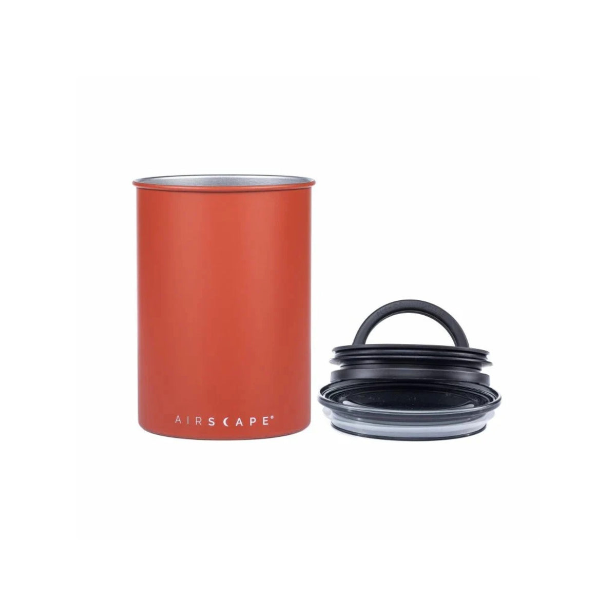 Airscape Stainless steel coffee canister 500 g matte terracotta (AS1007) open with removable black lid next to the terracotta canister