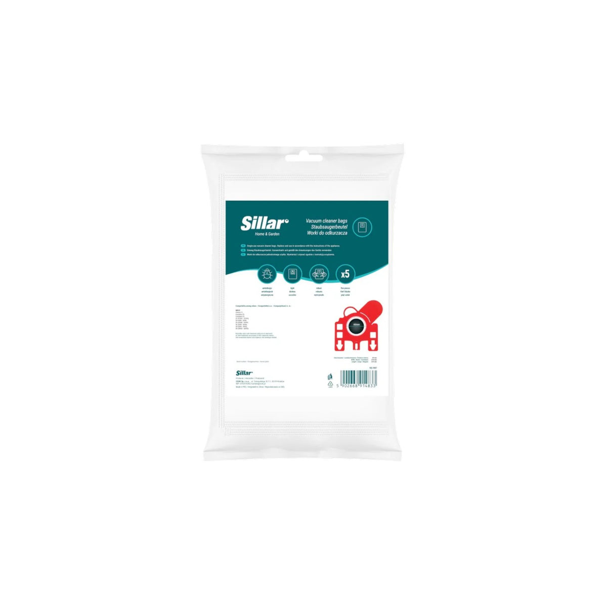 Sillar replacement bags for Miele HyClean and AirClean GN and FJM (5 pcs) – white pack of bags with teal label and red