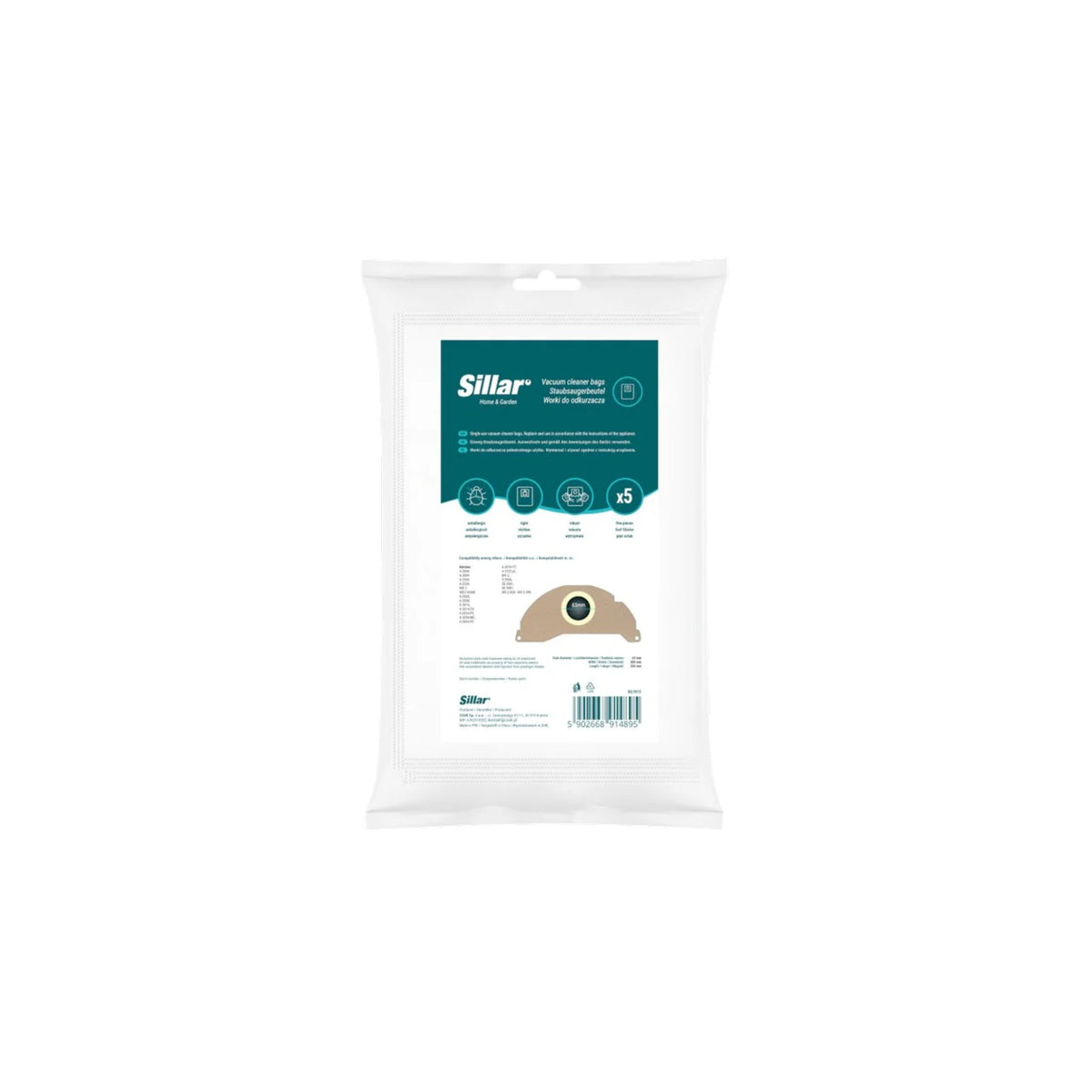 Sillar compatible bags for Kärcher WD2 vacuum cleaners - replacement 6.904-322.0 / KFI222 (5 pcs), white packaging with label and illustration.