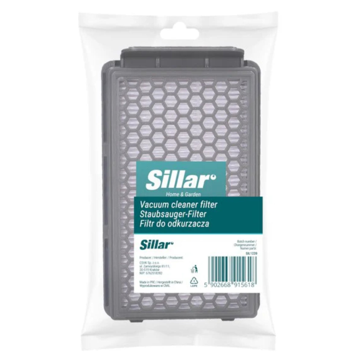 Sillar compatible HEPA filter for Rowenta Compact Power Cyclonic RO37xx in plastic packaging, grey gridded filter.