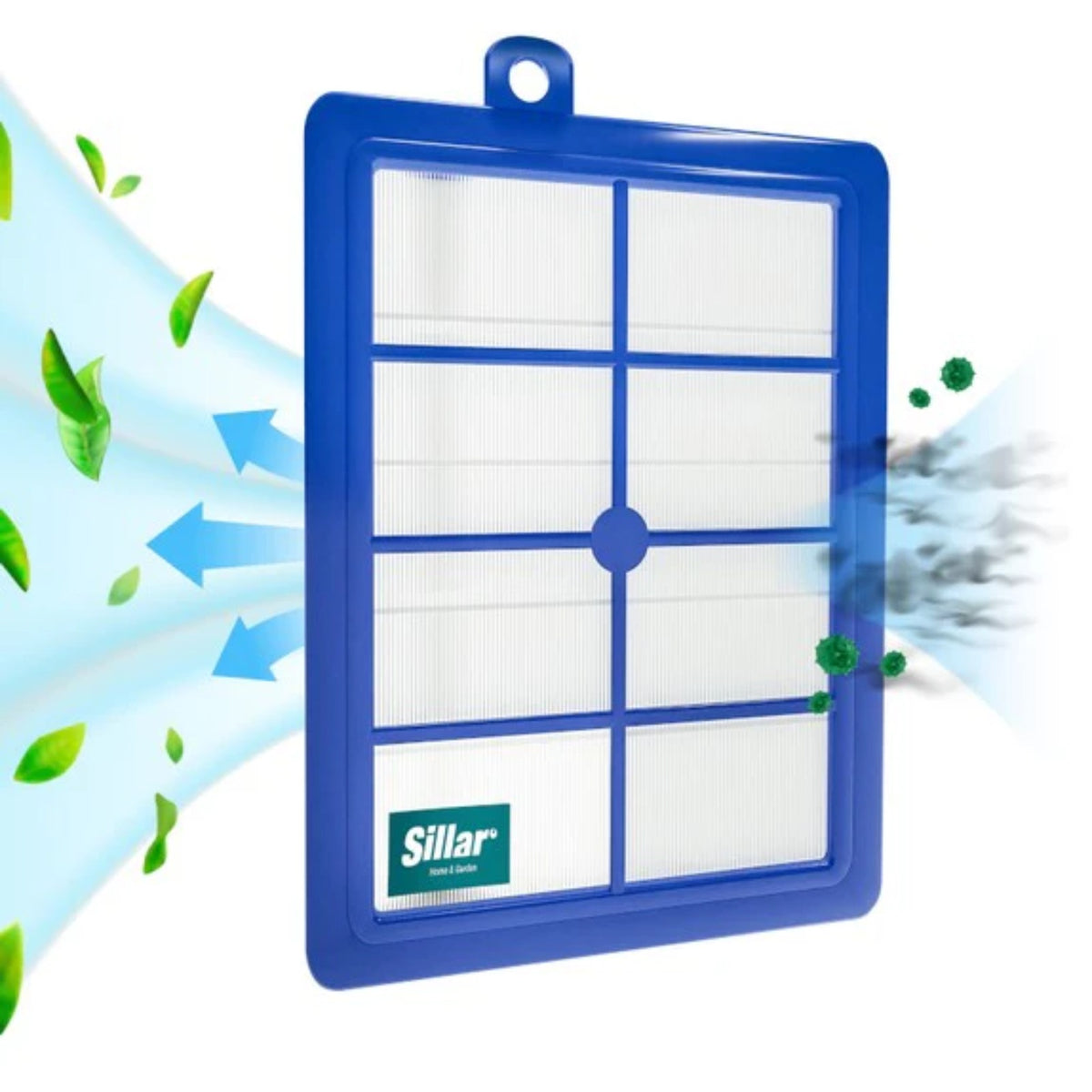 Sillar replacement HEPA filter for Electrolux EFH12 – blue frame with white pleated filter insert and Sillar logo
