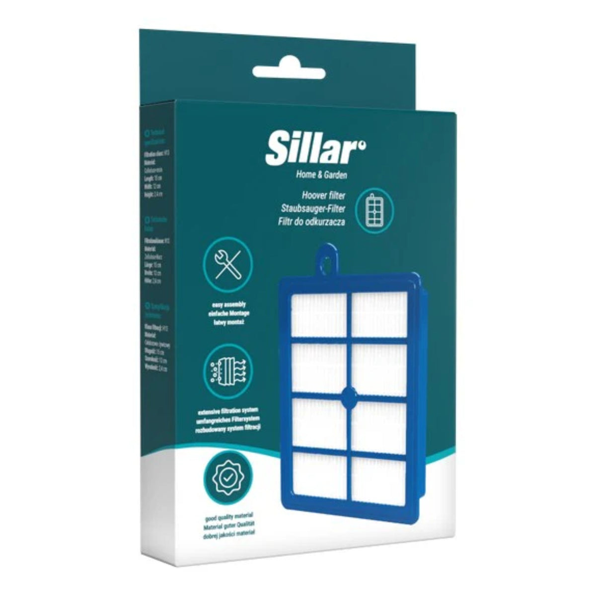 Sillar replacement HEPA filter for Electrolux EFH12 – packaging with dark green-white design and visible blue filter with white