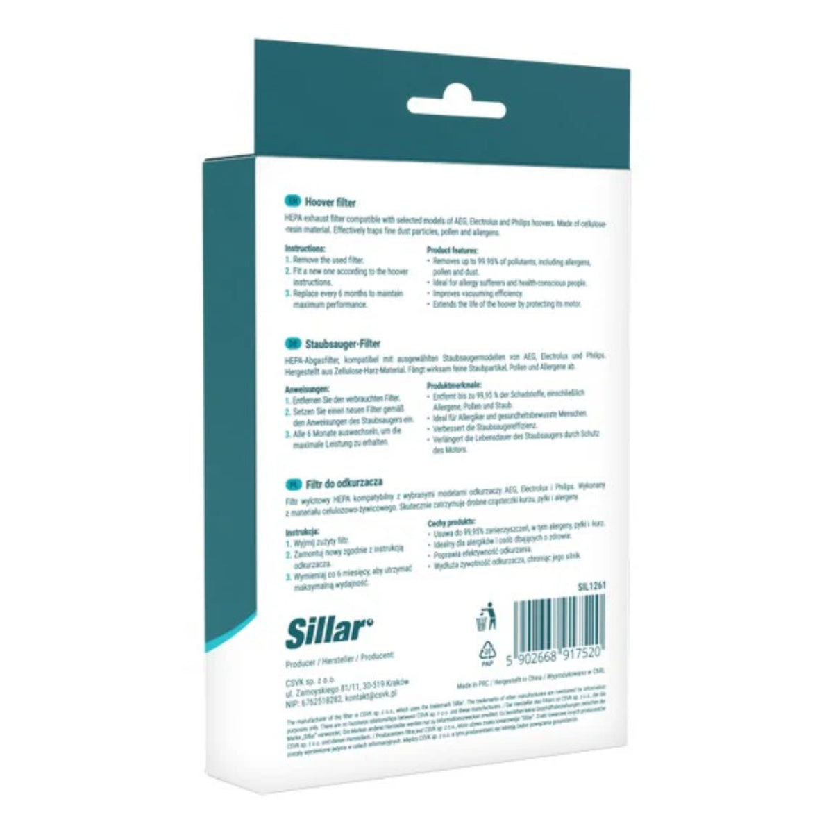 Sillar replacement HEPA filter for Electrolux EFH12 – back of packaging with texts, Sillar logo and barcode