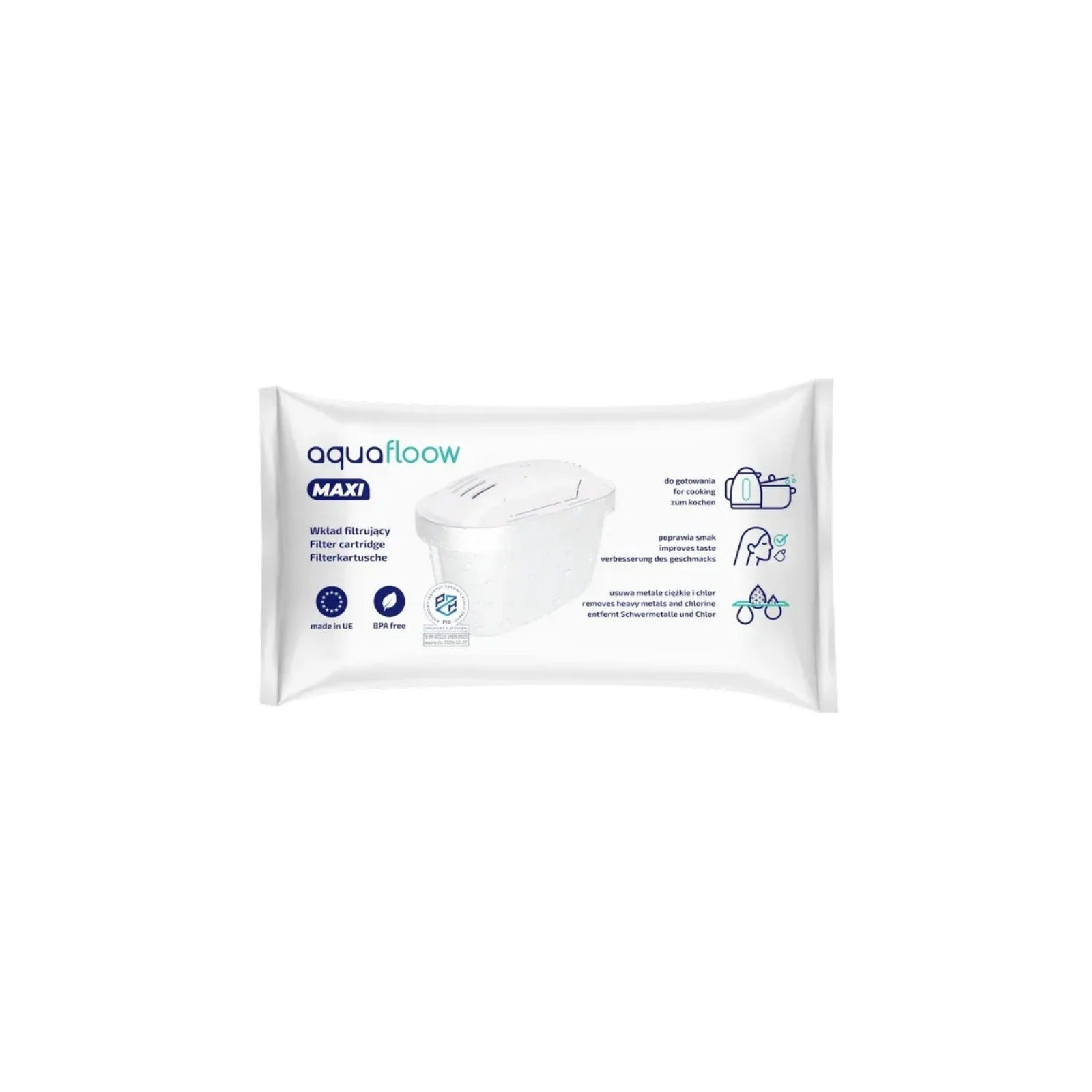 Aquafloow Maxi filter cartridge for water jugs – packaging showing a white filter cartridge and usage icons