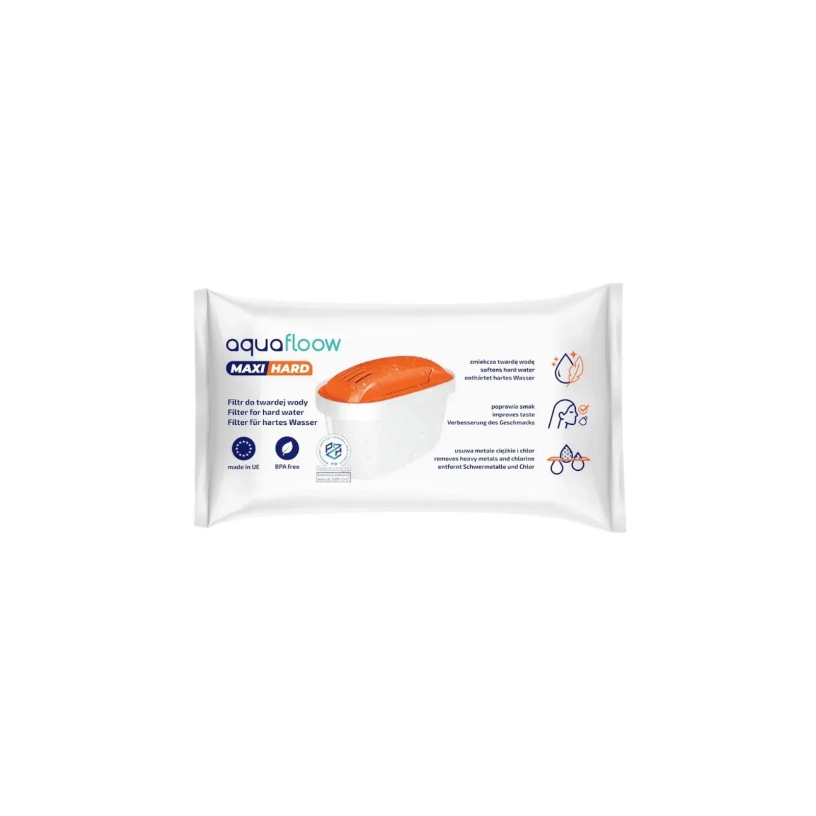 Aquafloow Maxi Hard filter cartridge for jug for hard water, white cartridge with orange lid on packaging